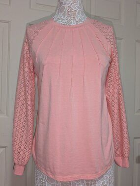 Sunbay Pink Pleated Crew Neck Blouse Lace Long Sleeve Small